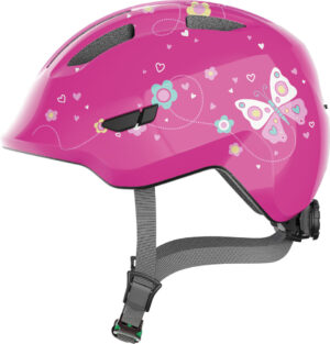 Abus Smiley 3.0 SE pink butterfly - grønt spænde - børne cykelhjelm - Small (45-50 cm)